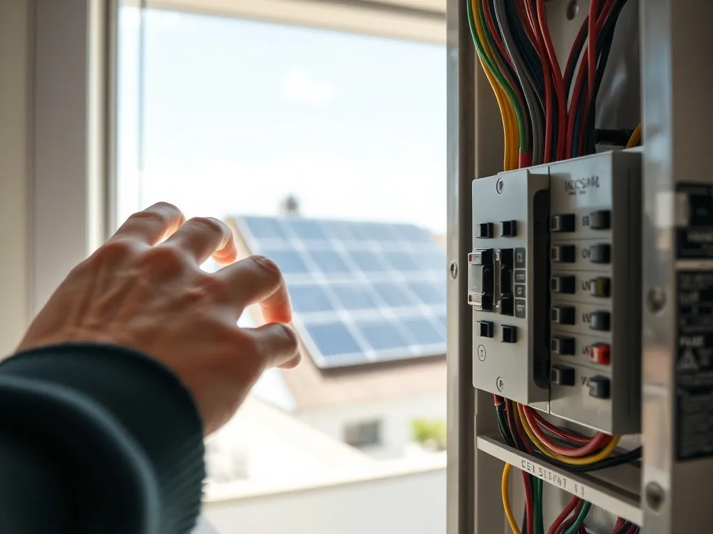 Ręka wyłącza wyłącznik fotowoltaiki w domowej rozdzielni elektrycznej, w tle widoczne panele słoneczne na dachu.