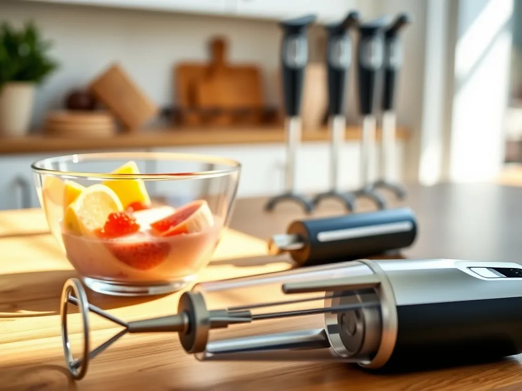 Elegancki blender ręczny na blacie obok miski ze smoothie, na tle innych modeli w nowoczesnej, jasnej kuchni.