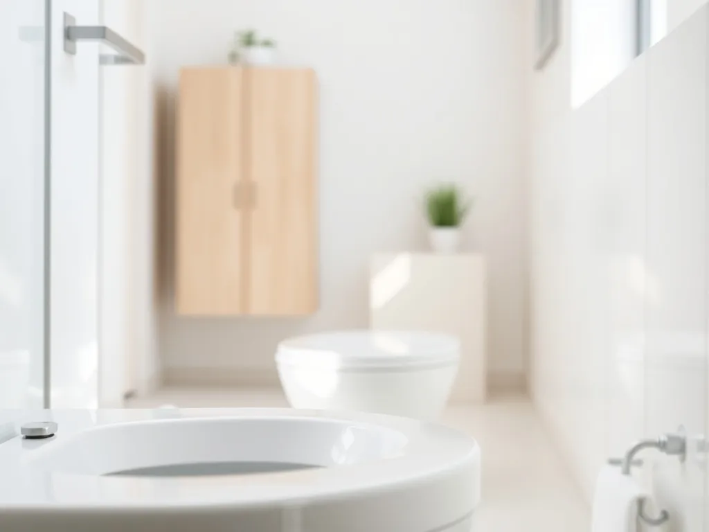 Nowoczesna toaleta myjąca w minimalistycznej łazience, podkreślająca higienę i elegancki design sprzętu łazienkowego