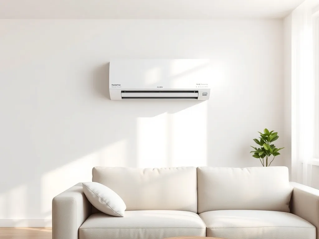 Nowoczesny biały klimatyzator ścienny nad sofą w minimalistycznym salonie, podkreślający komfort i elegancję wnętrza.