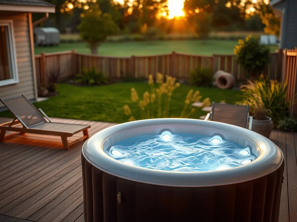 Nadmuchiwane jacuzzi ogrodowe na drewnianym tarasie o zmierzchu, otoczone leżakami i zielenią, tworzy relaksującą strefę spa