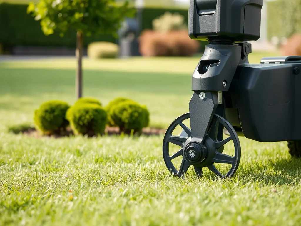 Elektryczny aerator do trawnika na zadbanym ogródku, widoczne metalowe noże i koła, idealny do napowietrzania murawy.