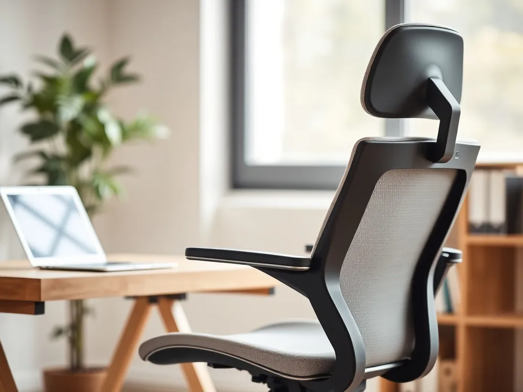 Ergonomiczny fotel biurowy z podparciem lędźwiowym przy minimalistycznym biurku, idealny do nowoczesnego home office.