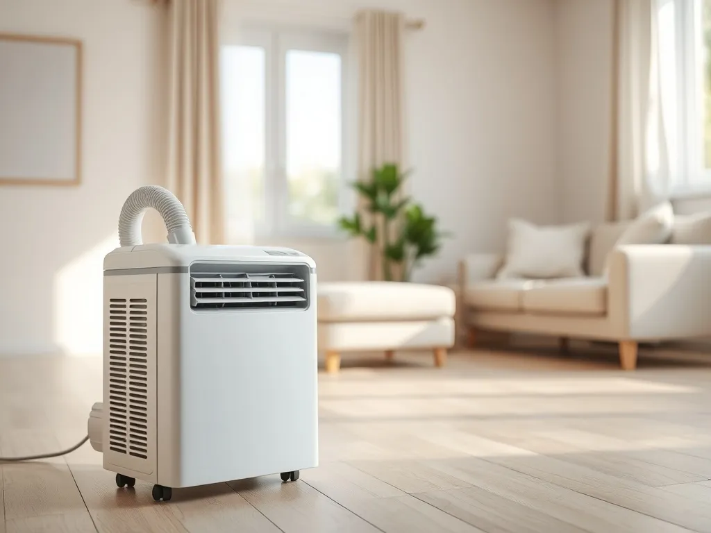 Nowoczesny klimatyzator przenośny z rurą odprowadzającą ciepło do okna w jasnym, minimalistycznym salonie latem