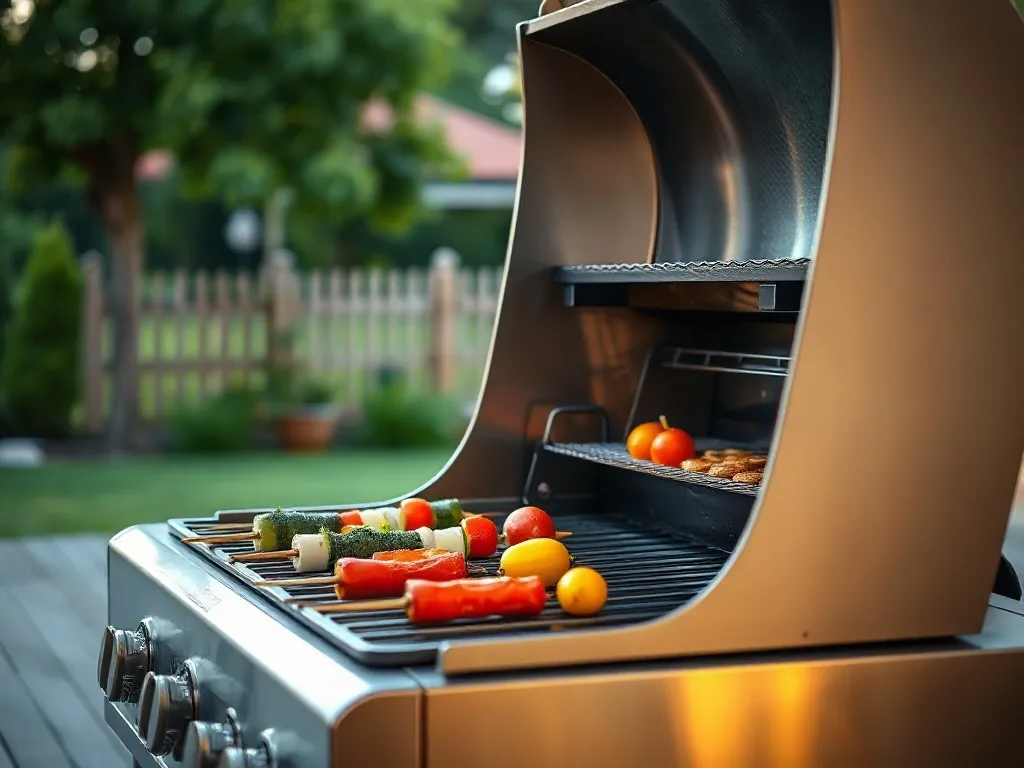 Nowoczesny stalowy grill gazowy na tarasie, z warzywami i szaszłykami na ruszcie, w letnim ogrodzie o ciepłym wieczornym świetle.