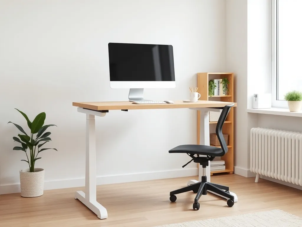 Minimalistyczne skandynawskie biurko elektryczne z regulacją wysokości w jasnym domowym biurze, podkreślające ergonomię pracy.