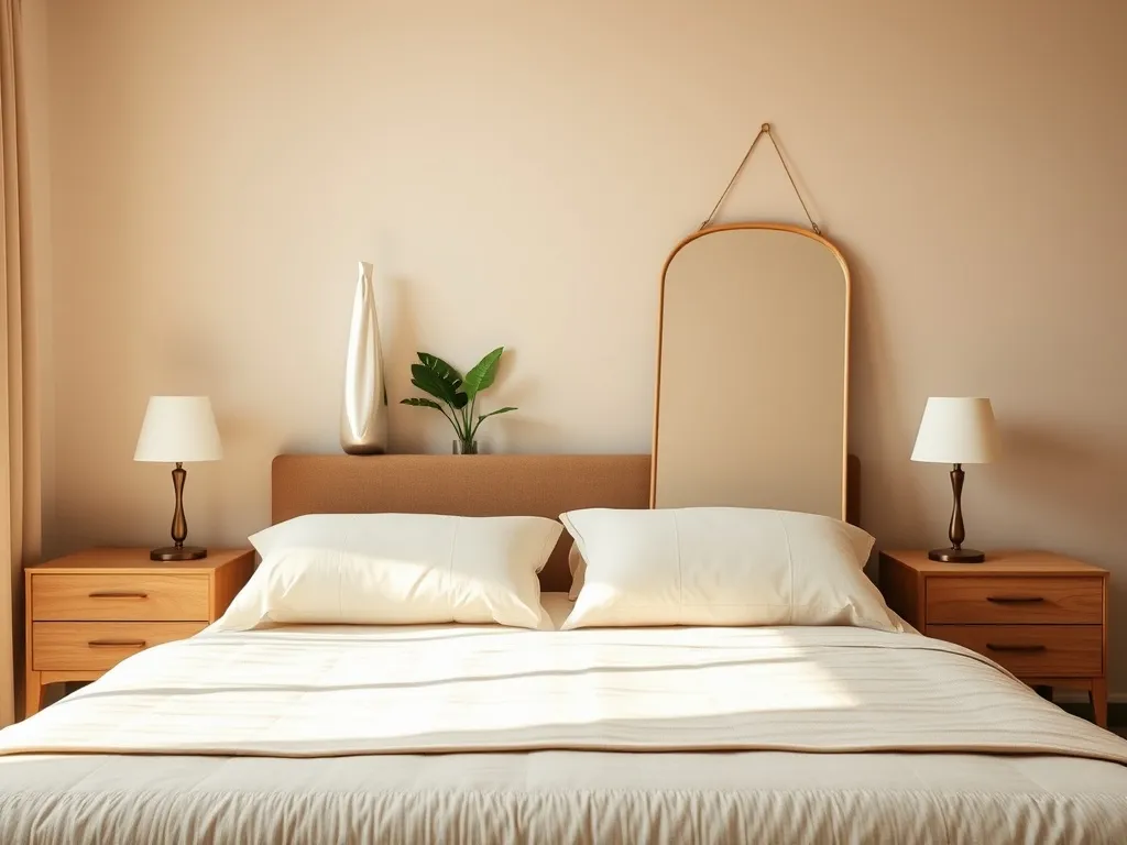 Przytulna sypialnia feng shui z lustrem obok łóżka, neutralnymi kolorami i spokojną, zrównoważoną aranżacją.