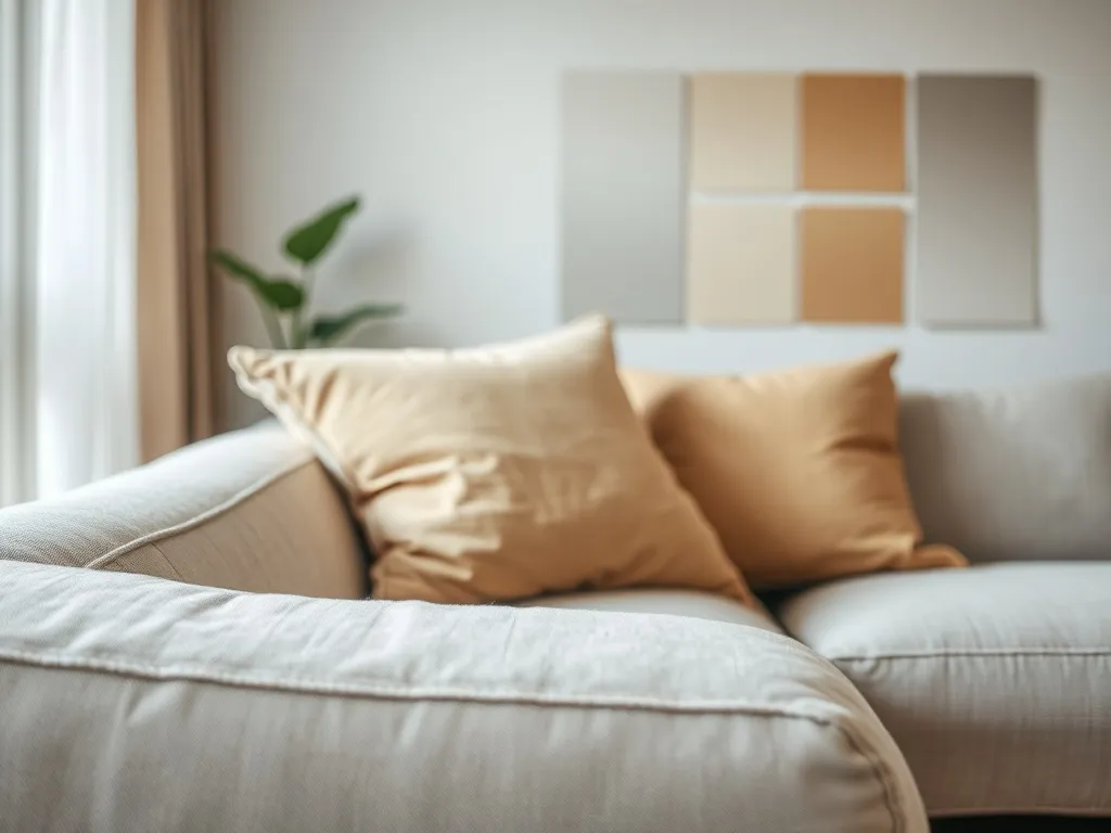 Jasnoszara sofa z beżowymi poduszkami w minimalistycznym salonie, pokazująca jak na neutralnych kolorach mniej widać kurz i brud.