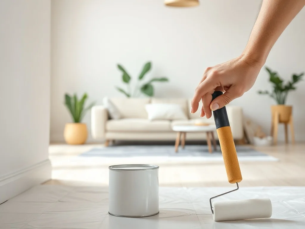 Ręka malująca wałkiem jasną ceramiczną farbą ścianę w nowoczesnym, minimalistycznym salonie w neutralnych barwach.
