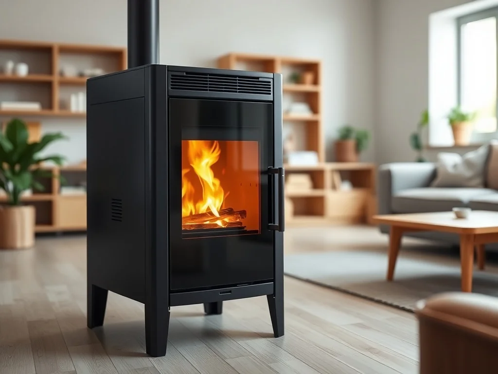 Nowoczesny piec na pellet 10 kW z widocznym płomieniem w przytulnym, jasnym salonie o minimalistycznym wystroju.