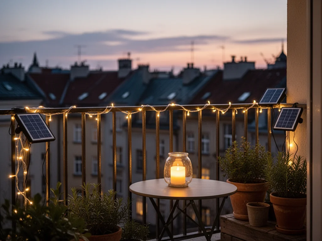 Przytulny balkon oświetlony ciepłymi lampkami solarnymi i latarnią LED, tworzący nastrojową przestrzeń bez użycia prądu.