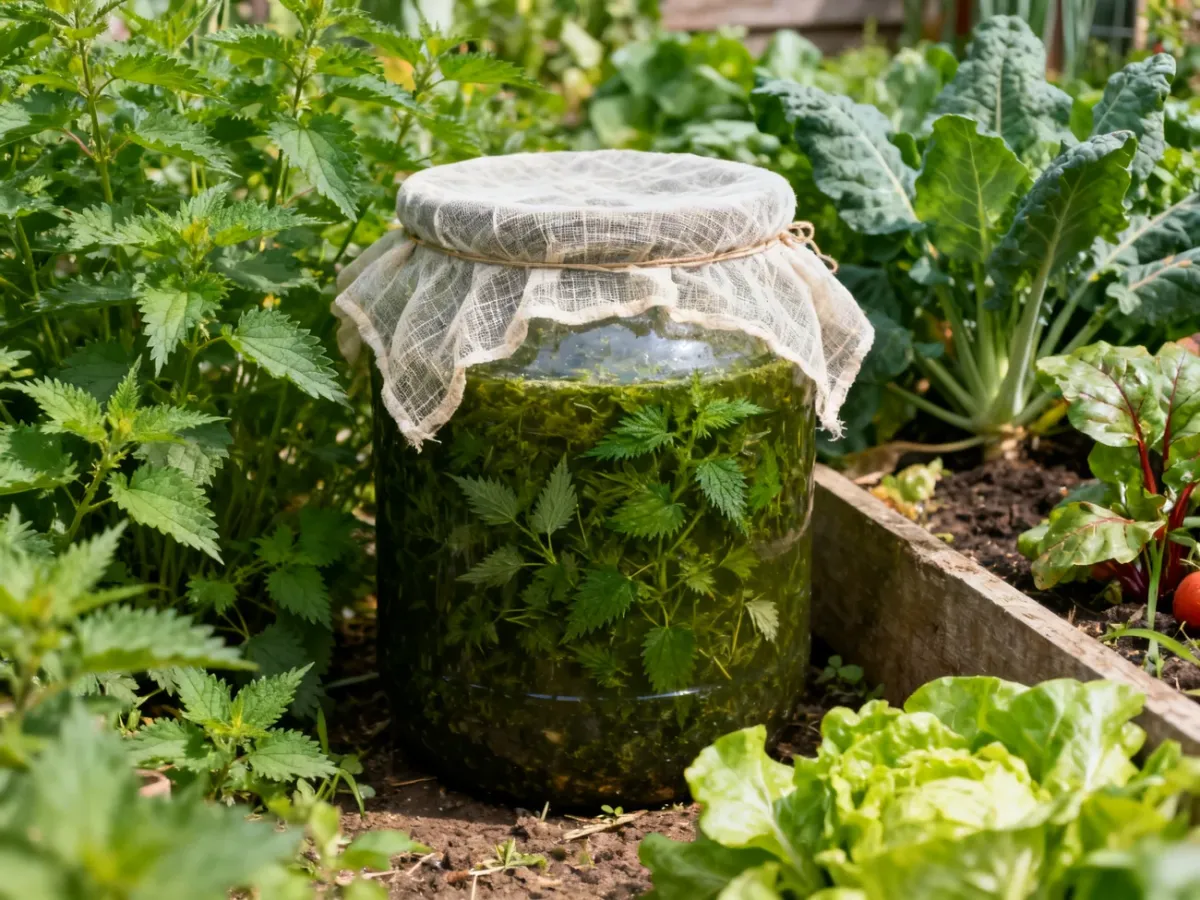 Pojemnik z fermentującą gnojówką z pokrzywy ustawiony w ogrodzie