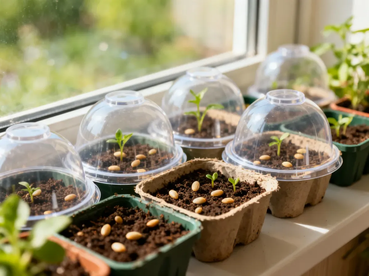 Pojemniki z wysianymi nasionami pod przezroczystą pokrywą