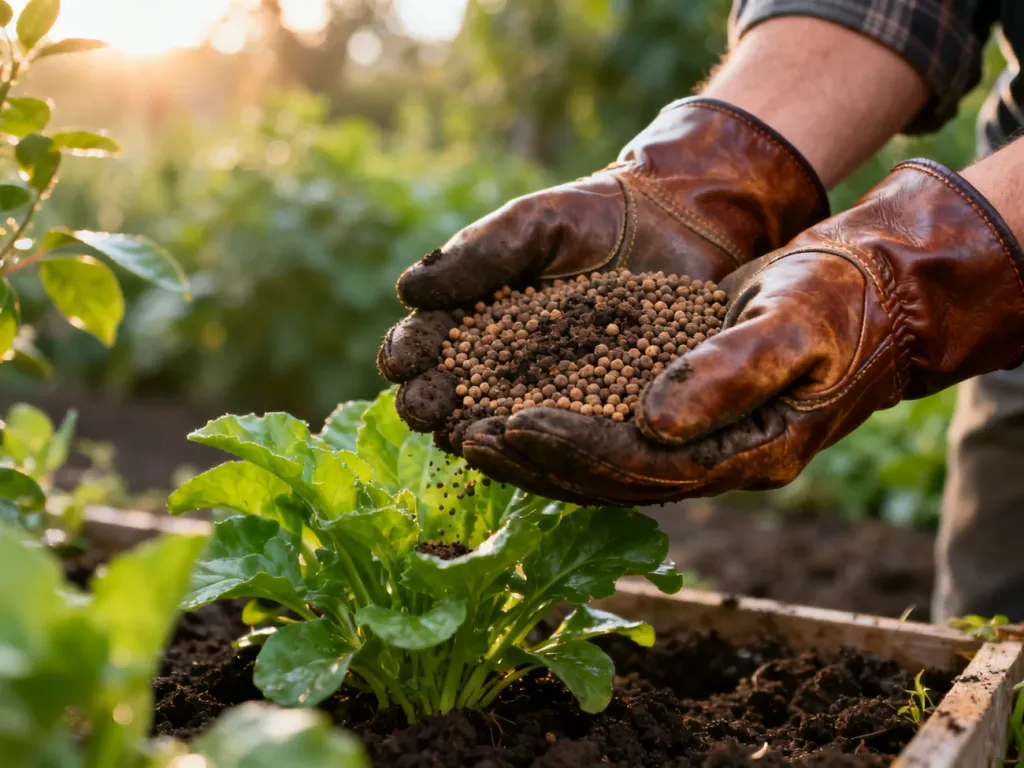 Dłonie ogrodnika w rękawicach rozsypujące organiczny nawóz pod zieloną roślinę w ogrodzie.