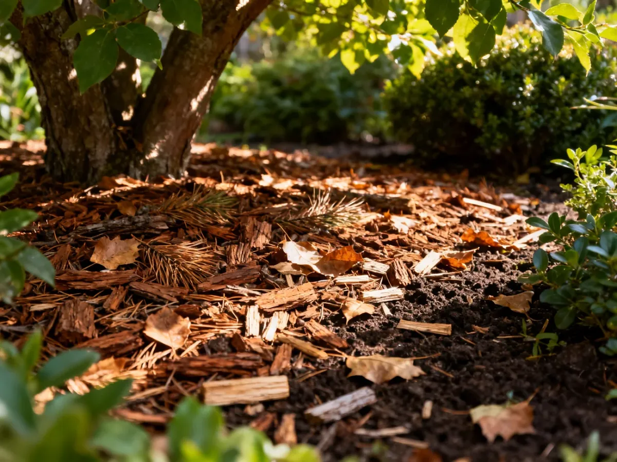 Kora, liście i zrębki pod drzewami oraz krzewami