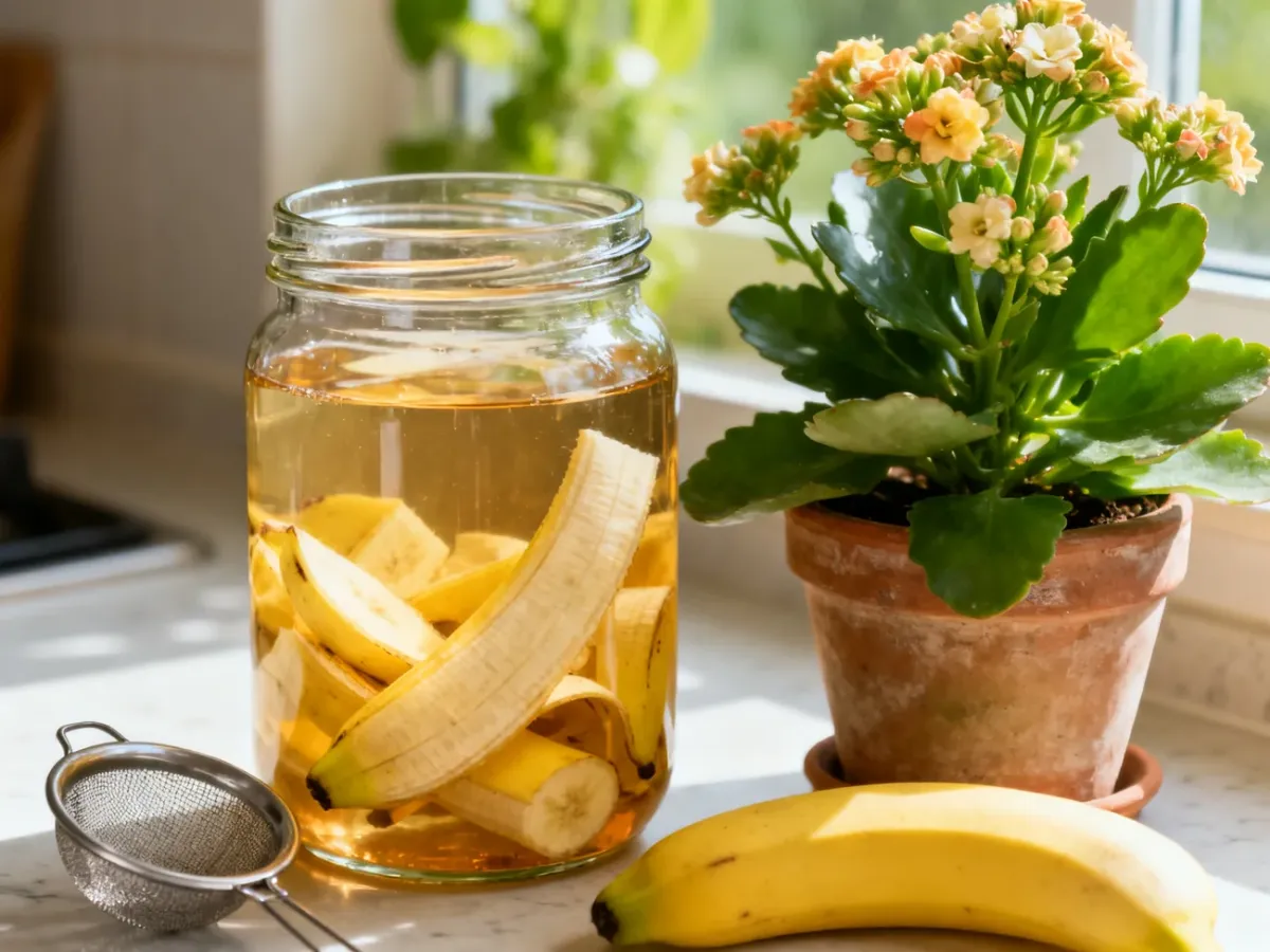 Słoik z kawałkami skórek banana przygotowanymi do sporządzenia naturalnej odżywki obok kwitnącej rośliny