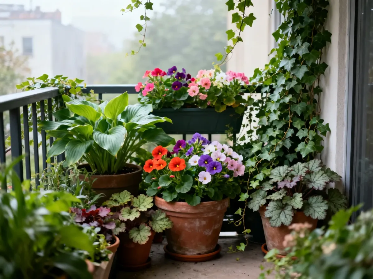 Zacieniony balkon ozdobiony kwitnącymi roślinami w donicach