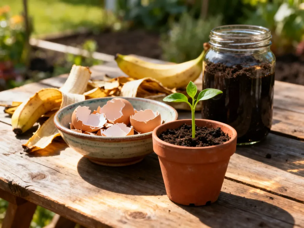 Składniki do przygotowania domowych nawozów organicznych, takie jak skorupki jaj i skórki bananów, obok młodej sadzonki.