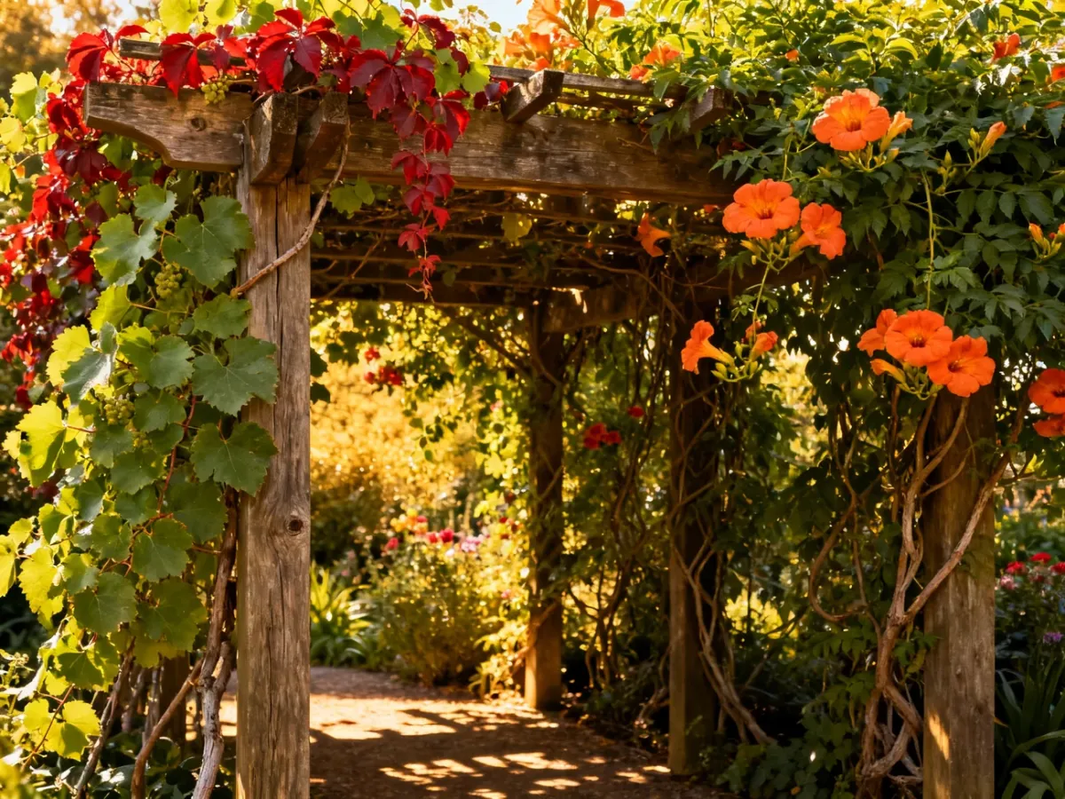 Pergola obsadzona bujnie rosnącymi pnączami